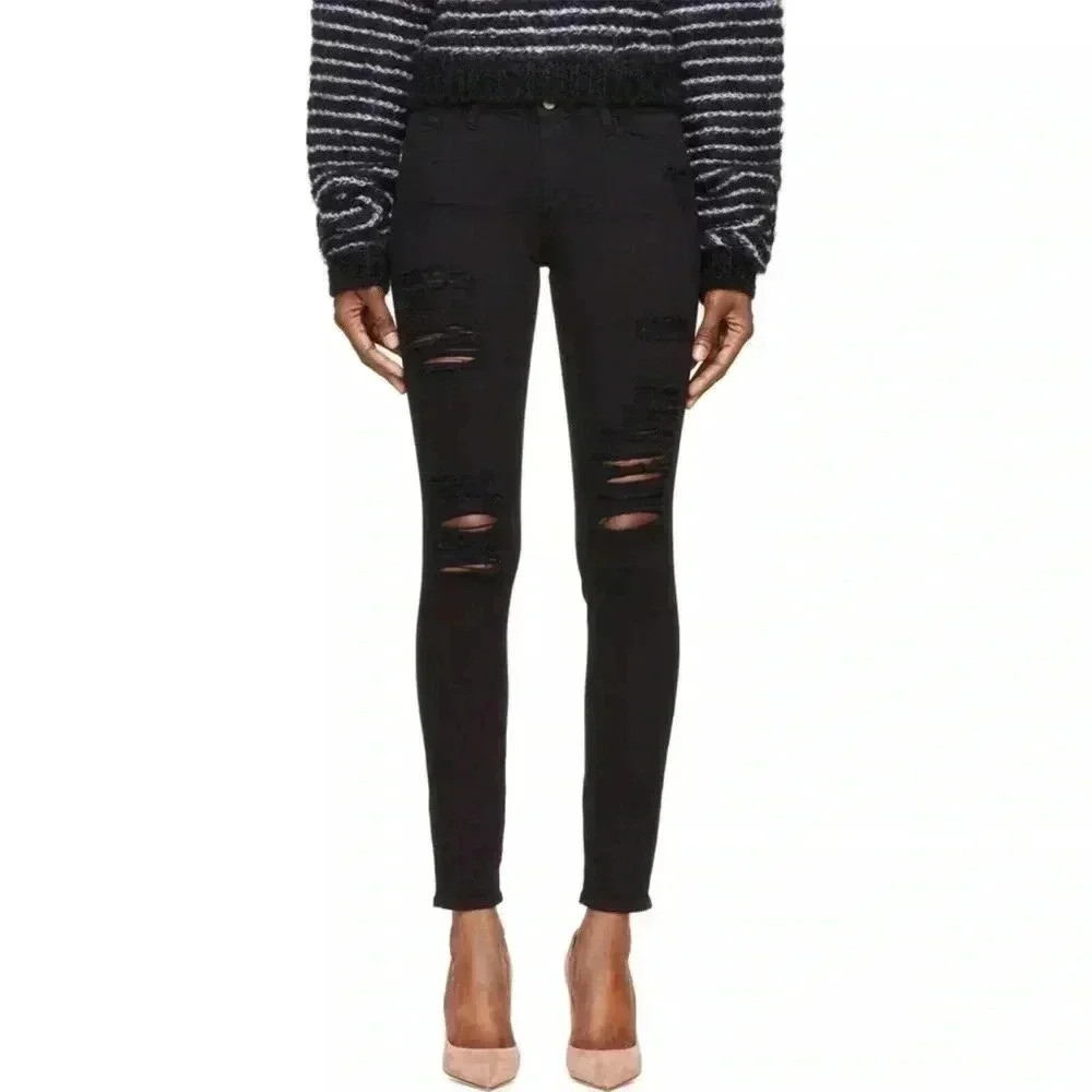 Frame Denim Jeans Women's Le Skinny de Jeanne Distress Made In USA Black